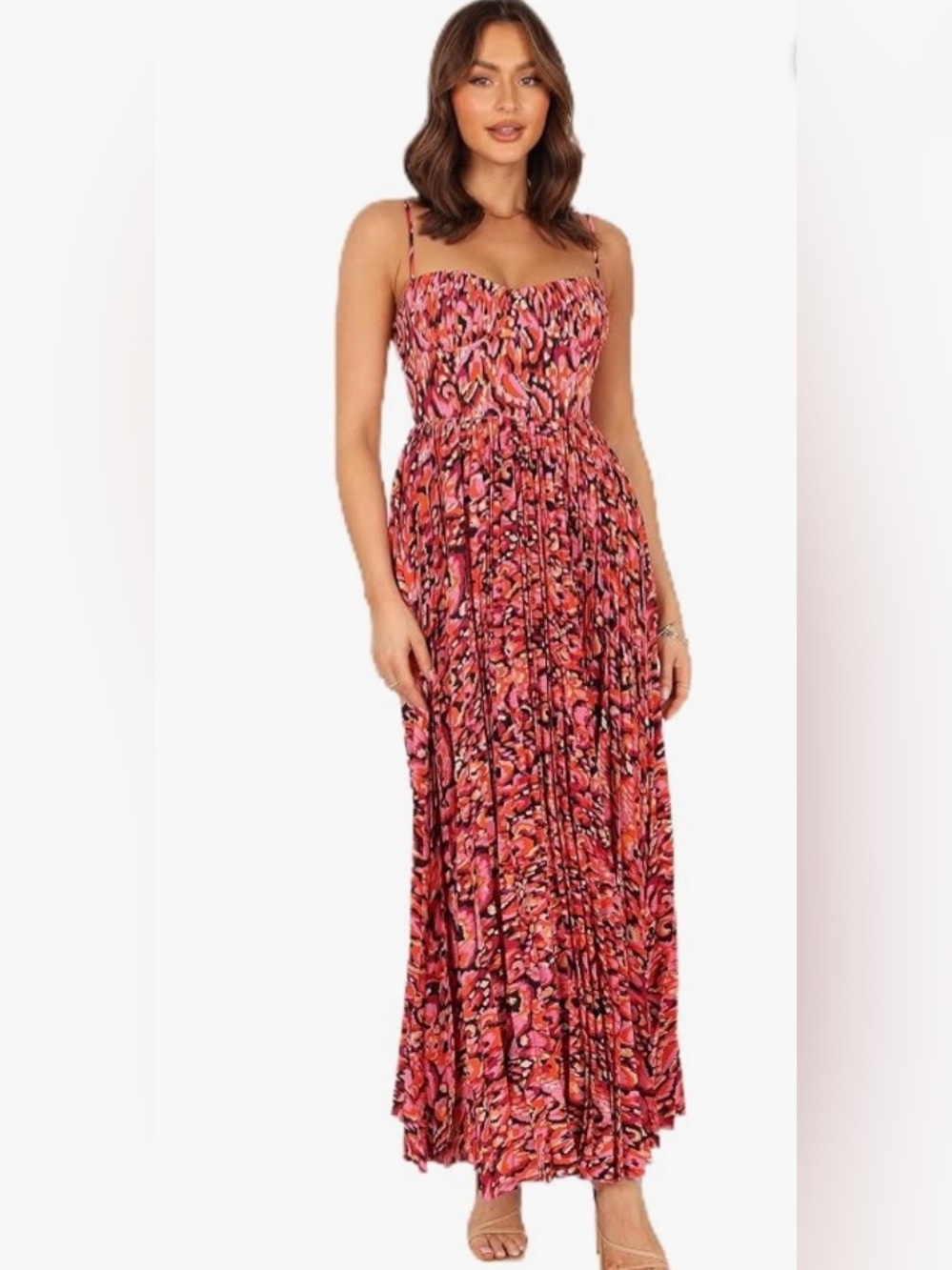 PETAL & PUP Maxi Achanti S/L Sweetheart Neckline Pink Multi Pleats Sz S